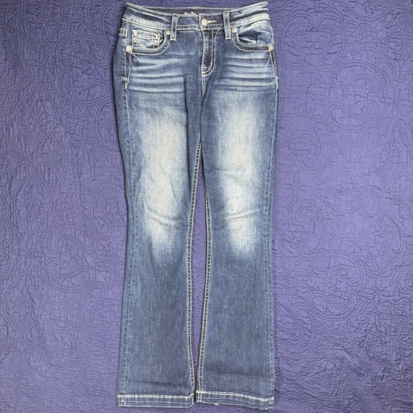 Miss Me Los Angeles Mid Rise Boot Jeans Women Size 29 Embellished Pockets Flare - Picture 3 of 8
